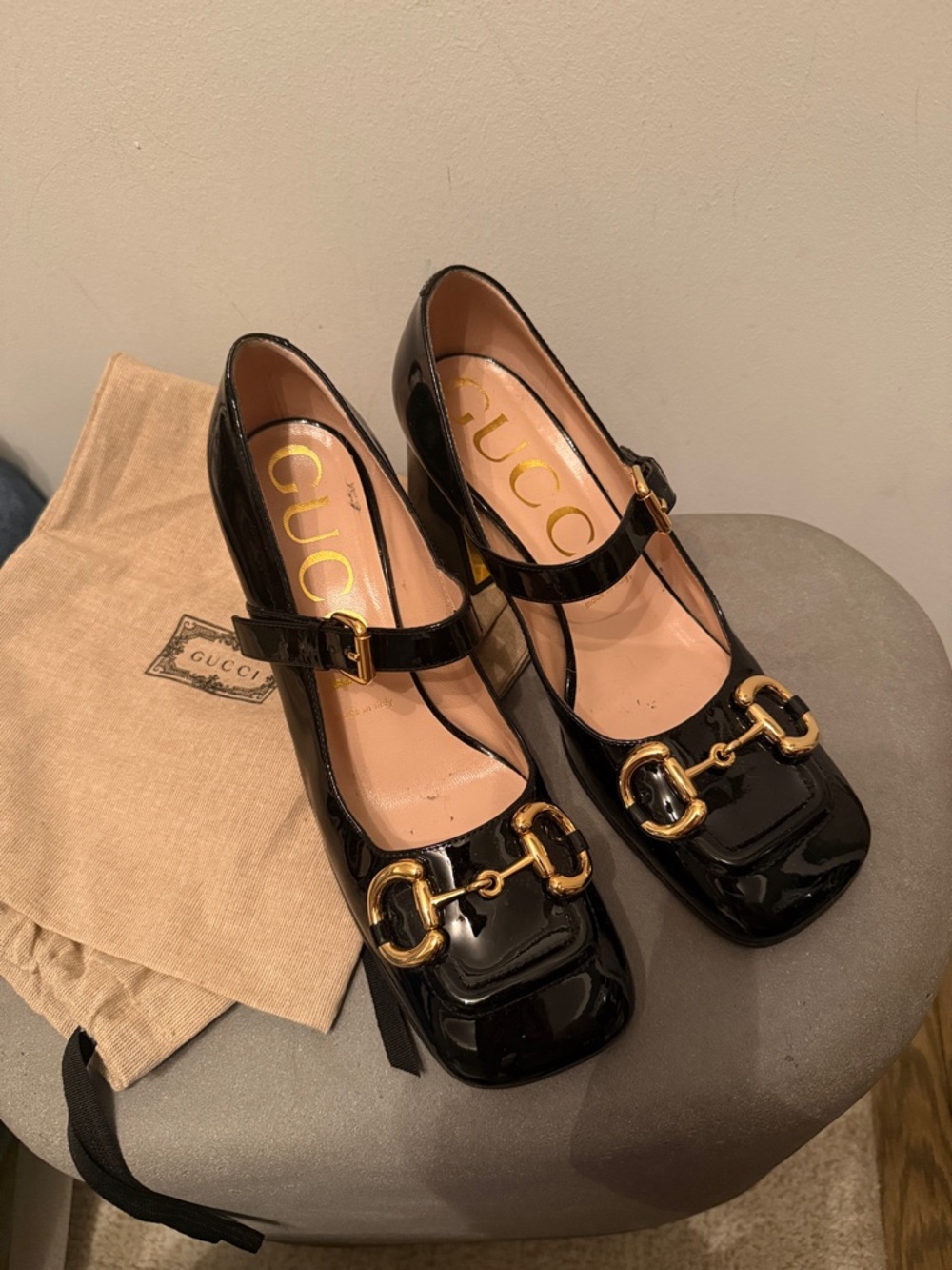 Gucci Black Patent Leather Mary Jane Pumps with Gold Horsebit